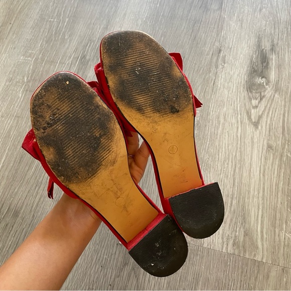 Nasty Gal Scarlet Red Suede Ruffle Block Heels Mules - Picture 8 of 9